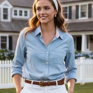 Vintage Le Tigre XL $68 Light Blue Cotton Polka Dot Button Up Shirt India Made